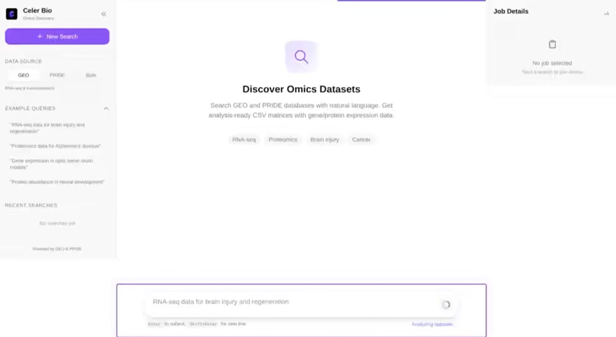 The Celer Bio interface, a search screen titled Discover Omics Datasets with GEO and PRIDE as data sources
