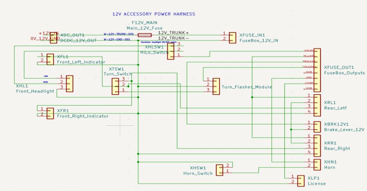 KiCad schematic of the 12V accessory harness with fuse box, headlight, indicators, horn and brake light