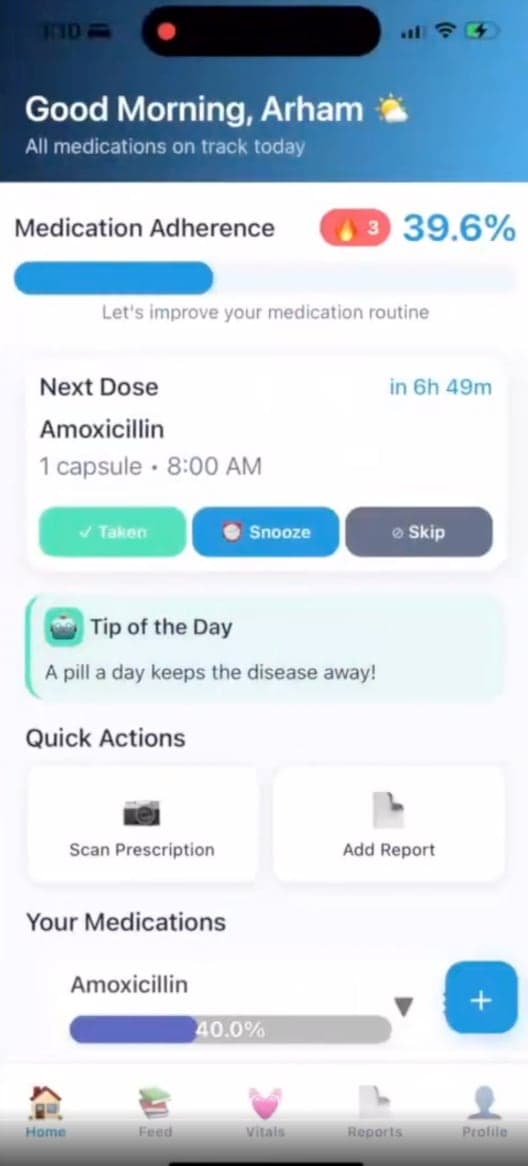 The PillMate AI home screen showing medication adherence, the next dose, and buttons to scan a prescription or add a report