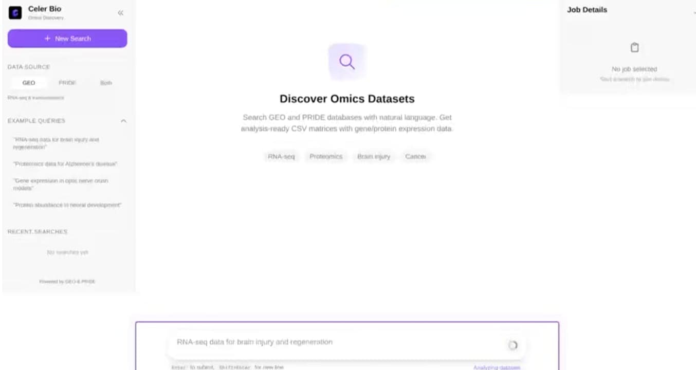 Celer Bio search screen titled Discover Omics Datasets, with a natural-language query typed in