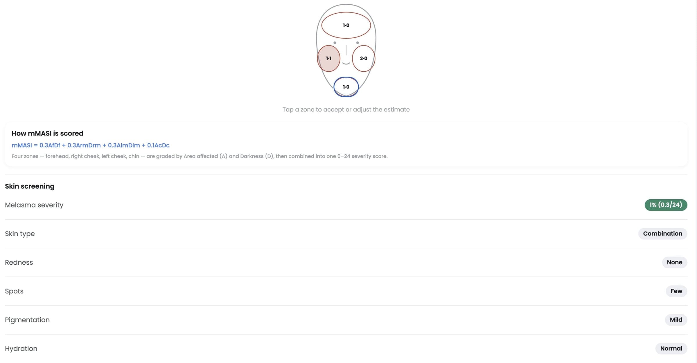 Review screen with a face diagram showing an area and darkness estimate for each zone, and the mMASI formula below