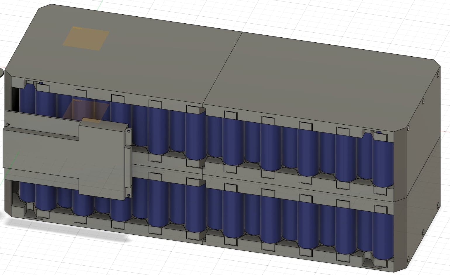 CAD of the battery enclosure with two stacked modules of cylindrical cells