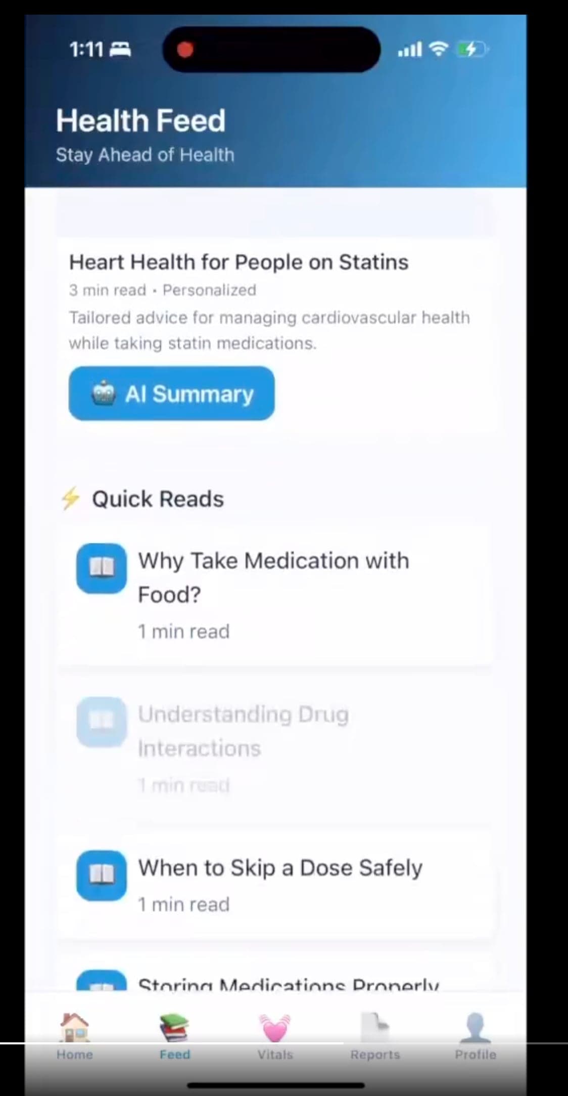 PillMate AI health feed with a personalized article on heart health for people on statins and a list of quick reads